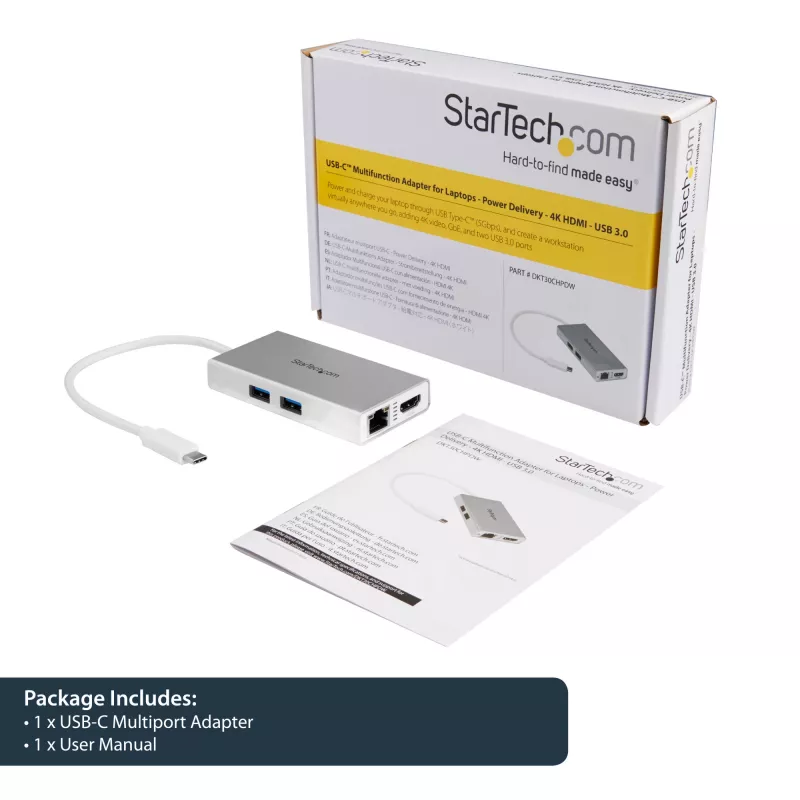 „StarTech.com“ USB-C daugiafunkcis adapteris – USB-C kelioninė prijungimo stotelė su 4K HDMI – 60 W maitinimo perdavimas, GbE, 2 prievadų USB-A 3.0 šakotuvas – nešiojama mini USB-C dokas nešiojamam kompiuteriui – balta