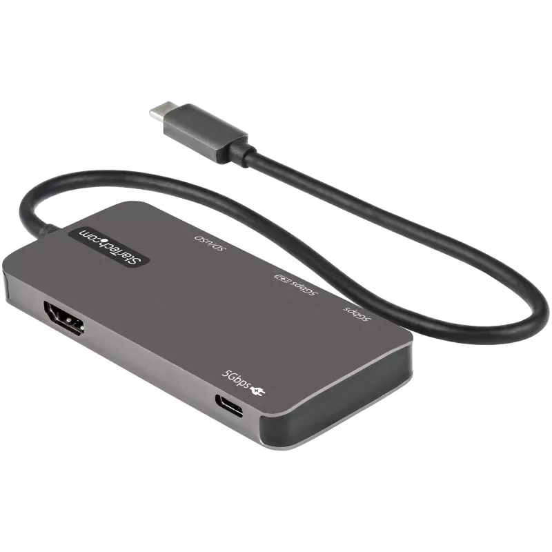 StarTech.com USB-C daugiafunkcis adapteris – USB-C į 4K HDMI, 100 W maitinimo perdavimas, SD / „MicroSD“ lizdas, 3 prievadų USB 3.0 šakotuvas – USB Type-C mini dokas – 12 colių (30 cm) ilgio pritvirtintas laidas