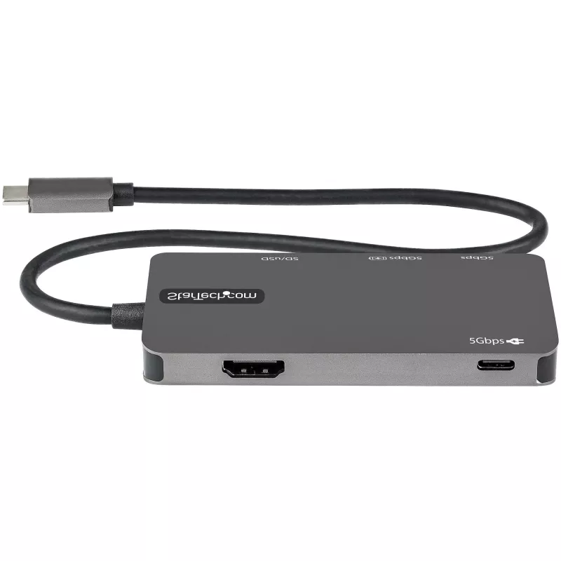 StarTech.com USB-C daugiafunkcis adapteris – USB-C į 4K HDMI, 100 W maitinimo perdavimas, SD / „MicroSD“ lizdas, 3 prievadų USB 3.0 šakotuvas – USB Type-C mini dokas – 12 colių (30 cm) ilgio pritvirtintas laidas