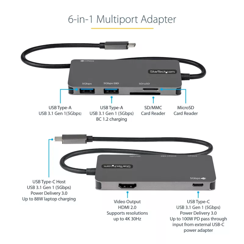 StarTech.com USB-C daugiafunkcis adapteris – USB-C į 4K HDMI, 100 W maitinimo perdavimas, SD / „MicroSD“ lizdas, 3 prievadų USB 3.0 šakotuvas – USB Type-C mini dokas – 12 colių (30 cm) ilgio pritvirtintas laidas