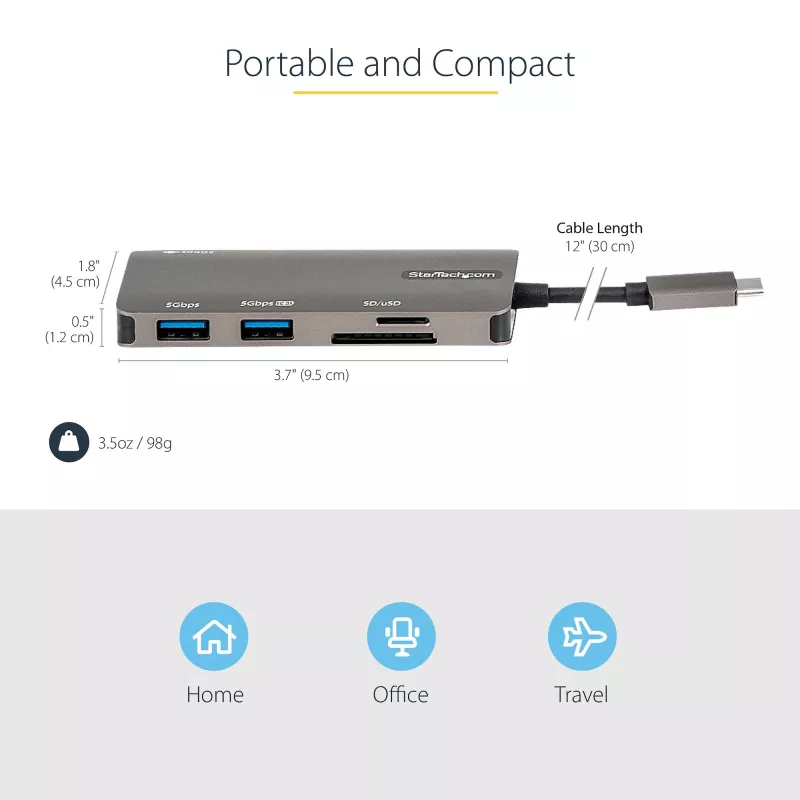 StarTech.com USB-C daugiafunkcis adapteris – USB-C į 4K HDMI, 100 W maitinimo perdavimas, SD / „MicroSD“ lizdas, 3 prievadų USB 3.0 šakotuvas – USB Type-C mini dokas – 12 colių (30 cm) ilgio pritvirtintas laidas