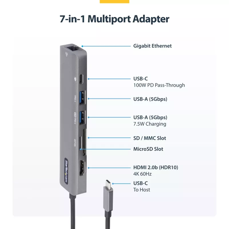 StarTech.com USB-C daugiafunkcis adapterių šakotuvas, USB-C į 4K 60Hz HDMI, Gigabit Ethernet ir 100W nešiojamojo kompiuterio įkrovimas, skirtas Macbook Pro / Air ir Windows