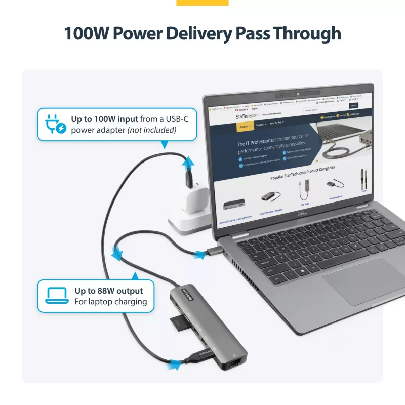 StarTech.com USB-C daugiafunkcis adapterių šakotuvas, USB-C į 4K 60Hz HDMI, Gigabit Ethernet ir 100W nešiojamojo kompiuterio įkrovimas, skirtas Macbook Pro / Air ir Windows