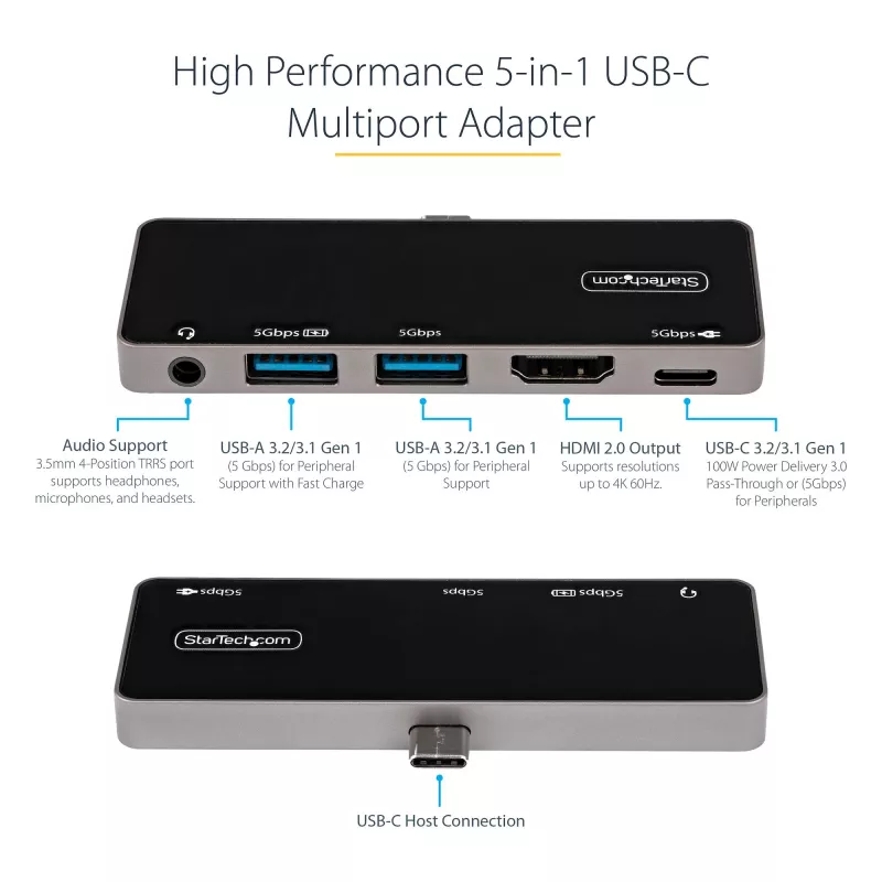 StarTech.com USB-C daugiafunkcis adapteris - USB-C į 4K 60Hz HDMI 2.0, 100W „Power Delivery“ praleidžiamasis įkrovimas, 3 prievadų USB 3.0 šakotuvas, garso - USB-C mini dokas - nešiojamas USB Type-C kelioninis dokas