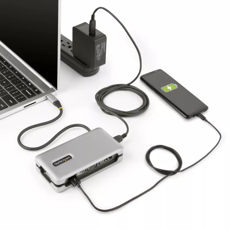 StarTech.com USB-C daugiafunkcis adapteris - HDMI/VGA - 4K 60Hz - 3 prievadų USB šakotuvas - 100W maitinimo perdavimas - Gigabit Ethernet - Kelioninė mini prijungimo stotelė su įkrovimu - 1 pėdos/30 cm apvyniojamas laidas
