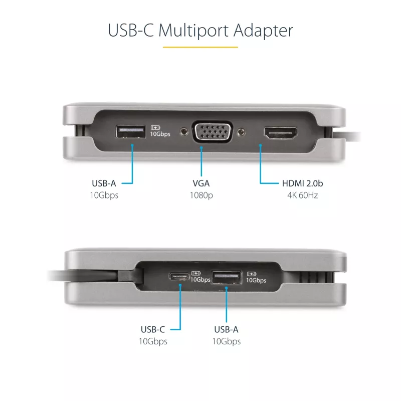 StarTech.com USB-C daugiafunkcis adapteris - HDMI/VGA - 4K 60Hz - 3 prievadų USB šakotuvas - 100W maitinimo perdavimas - Gigabit Ethernet - Kelioninė mini prijungimo stotelė su įkrovimu - 1 pėdos/30 cm apvyniojamas laidas