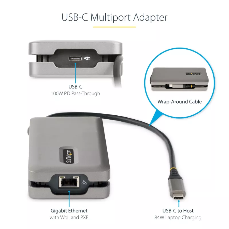 StarTech.com USB-C daugiafunkcis adapteris - HDMI/VGA - 4K 60Hz - 3 prievadų USB šakotuvas - 100W maitinimo perdavimas - Gigabit Ethernet - Kelioninė mini prijungimo stotelė su įkrovimu - 1 pėdos/30 cm apvyniojamas laidas