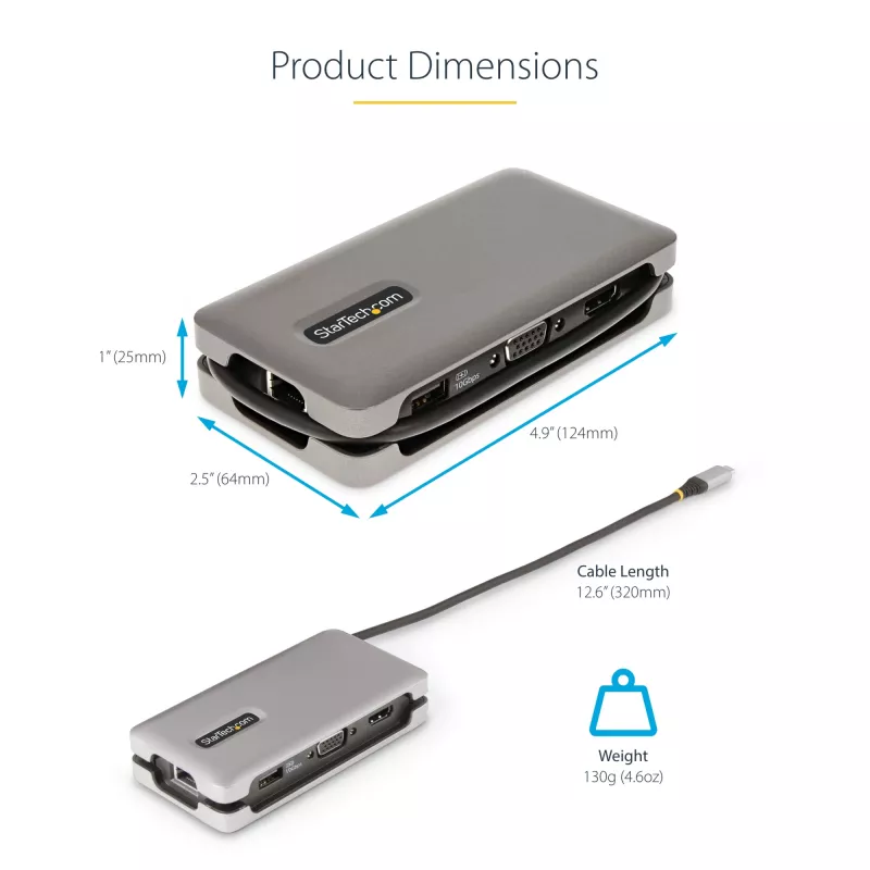 StarTech.com USB-C daugiafunkcis adapteris - HDMI/VGA - 4K 60Hz - 3 prievadų USB šakotuvas - 100W maitinimo perdavimas - Gigabit Ethernet - Kelioninė mini prijungimo stotelė su įkrovimu - 1 pėdos/30 cm apvyniojamas laidas