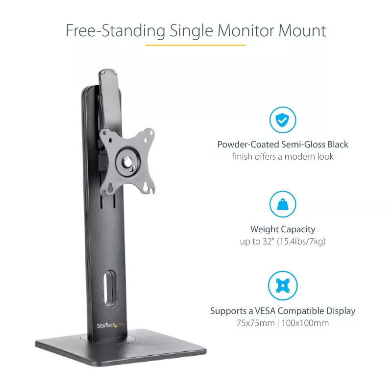 StarTech.com Laisvai Stovintis Viengubas Monitoriaus Laikiklis – Reguliuojamo Aukščio Monitoriaus Stovas – VESA Montuojamiems Ekranams iki 32 colių (15 svarų/7 kg) – Ergonomiškas Monitoriaus Stovas Staliniam Kompiuteriui – Pakreipimas/Pasukimas/Rotacija
