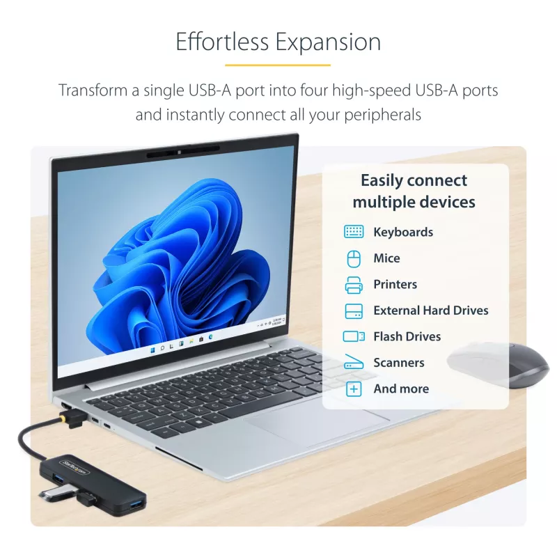 StarTech.com 4 prievadų USB-A šakotuvas, 5 Gbps, maitinamas per magistralę, mažas kelioninis mini USB šakotuvas, kelių prievadų USB 3.0 skirstytuvas, nešiojamasis USB šakotuvas, apsauga nuo viršsrovių (OCP)