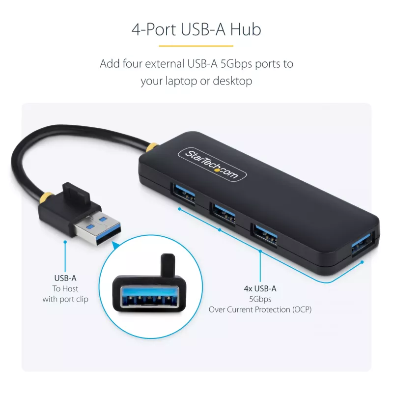 StarTech.com 4 prievadų USB-A šakotuvas, 5 Gbps, maitinamas per magistralę, mažas kelioninis mini USB šakotuvas, kelių prievadų USB 3.0 skirstytuvas, nešiojamasis USB šakotuvas, apsauga nuo viršsrovių (OCP)