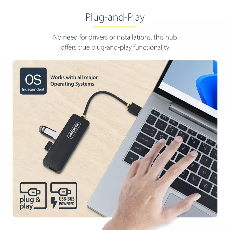 StarTech.com 4 prievadų USB-A šakotuvas, 5 Gbps, maitinamas per magistralę, mažas kelioninis mini USB šakotuvas, kelių prievadų USB 3.0 skirstytuvas, nešiojamasis USB šakotuvas, apsauga nuo viršsrovių (OCP)