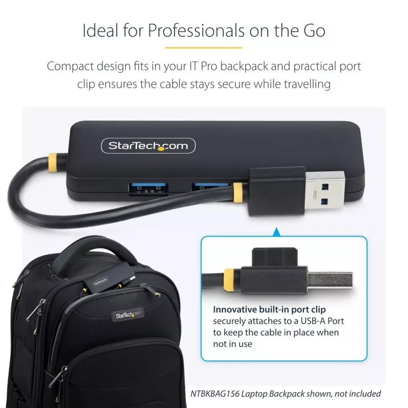 StarTech.com 4 prievadų USB-A šakotuvas, 5 Gbps, maitinamas per magistralę, mažas kelioninis mini USB šakotuvas, kelių prievadų USB 3.0 skirstytuvas, nešiojamasis USB šakotuvas, apsauga nuo viršsrovių (OCP)