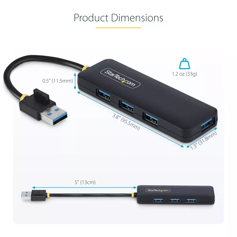 StarTech.com 4 prievadų USB-A šakotuvas, 5 Gbps, maitinamas per magistralę, mažas kelioninis mini USB šakotuvas, kelių prievadų USB 3.0 skirstytuvas, nešiojamasis USB šakotuvas, apsauga nuo viršsrovių (OCP)