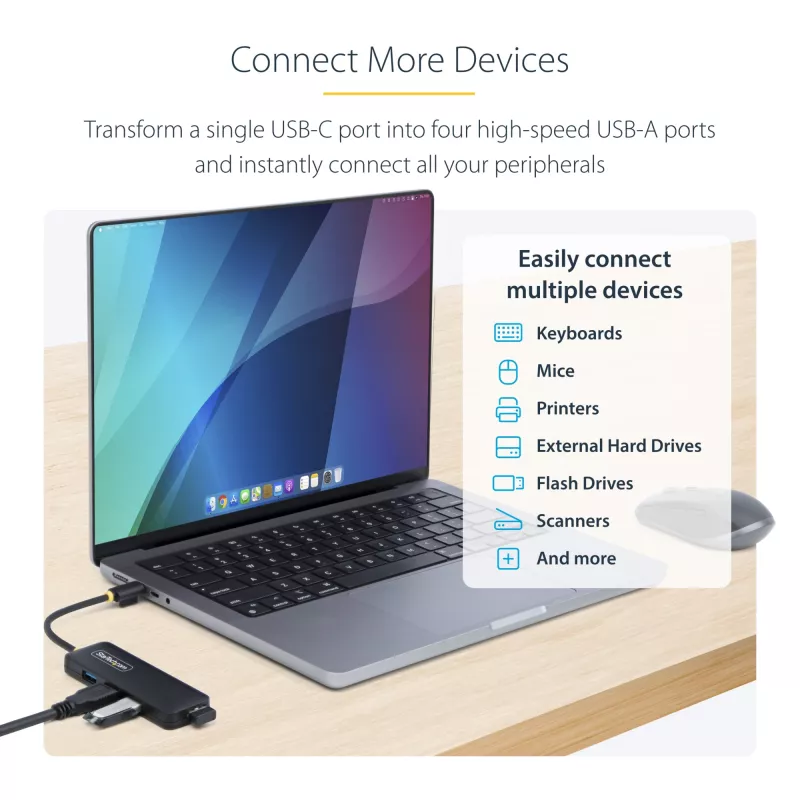 “StarTech.com” 4 prievadų USB-C šakotuvas, 5 Gb/s, USB-C į 4x USB-A, magistralės maitinamas, mažas kelioninis mini šakotuvas, kelių prievadų USB 3.0 skirstytuvas, nešiojamasis šakotuvas, apsauga nuo viršsrovių