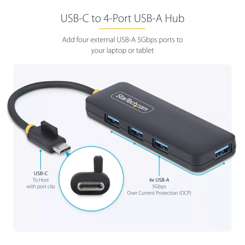 “StarTech.com” 4 prievadų USB-C šakotuvas, 5 Gb/s, USB-C į 4x USB-A, magistralės maitinamas, mažas kelioninis mini šakotuvas, kelių prievadų USB 3.0 skirstytuvas, nešiojamasis šakotuvas, apsauga nuo viršsrovių
