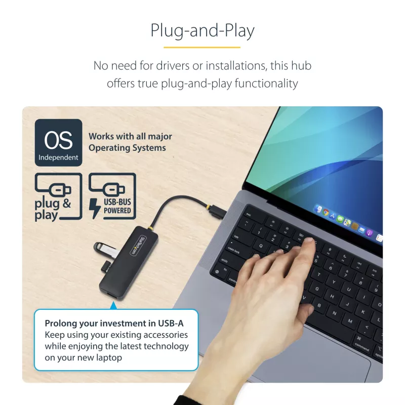 “StarTech.com” 4 prievadų USB-C šakotuvas, 5 Gb/s, USB-C į 4x USB-A, magistralės maitinamas, mažas kelioninis mini šakotuvas, kelių prievadų USB 3.0 skirstytuvas, nešiojamasis šakotuvas, apsauga nuo viršsrovių