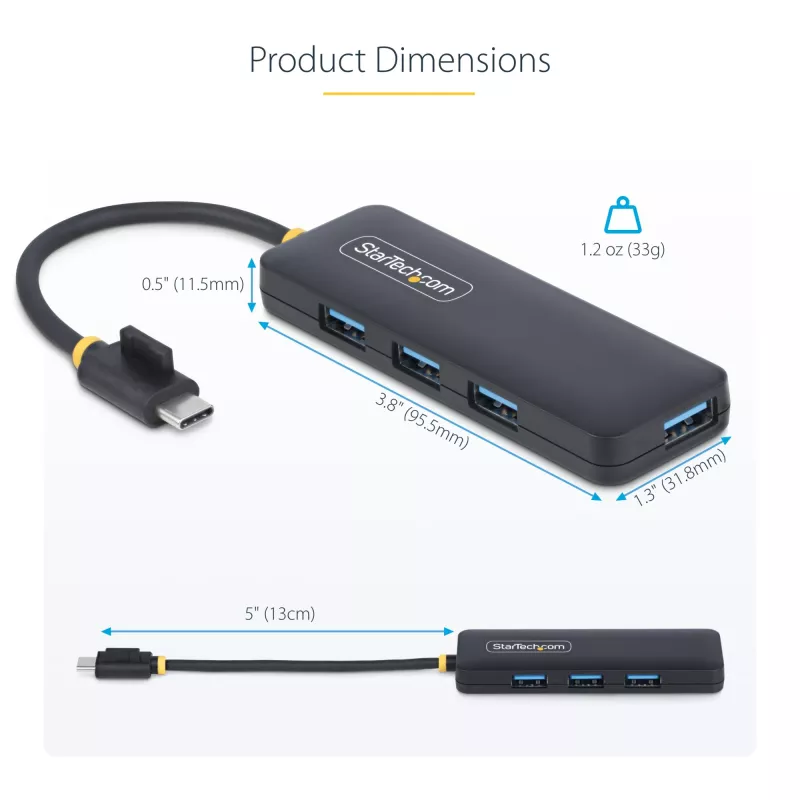 “StarTech.com” 4 prievadų USB-C šakotuvas, 5 Gb/s, USB-C į 4x USB-A, magistralės maitinamas, mažas kelioninis mini šakotuvas, kelių prievadų USB 3.0 skirstytuvas, nešiojamasis šakotuvas, apsauga nuo viršsrovių