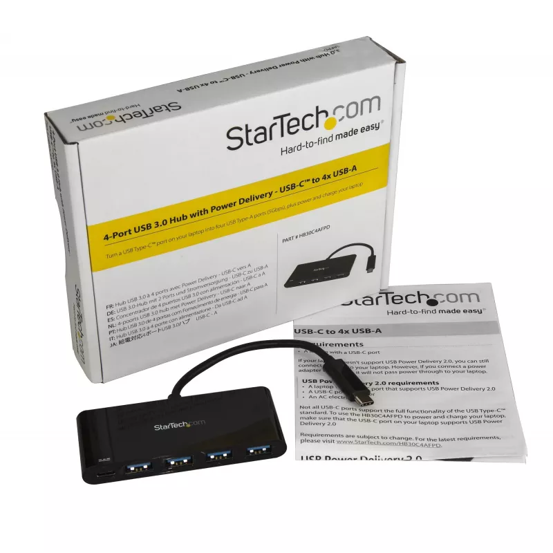 StarTech.com 4 prievadų USB-C šakotuvas su 4 USB Type-A prievadais (USB 3.0 SuperSpeed 5 Gbps) – 60 W maitinimo perdavimo įkrovimas – USB 3.1 Gen 1/USB 3.2 Gen 1 nešiojamojo kompiuterio šakotuvo adapteris – MacBook, Dell