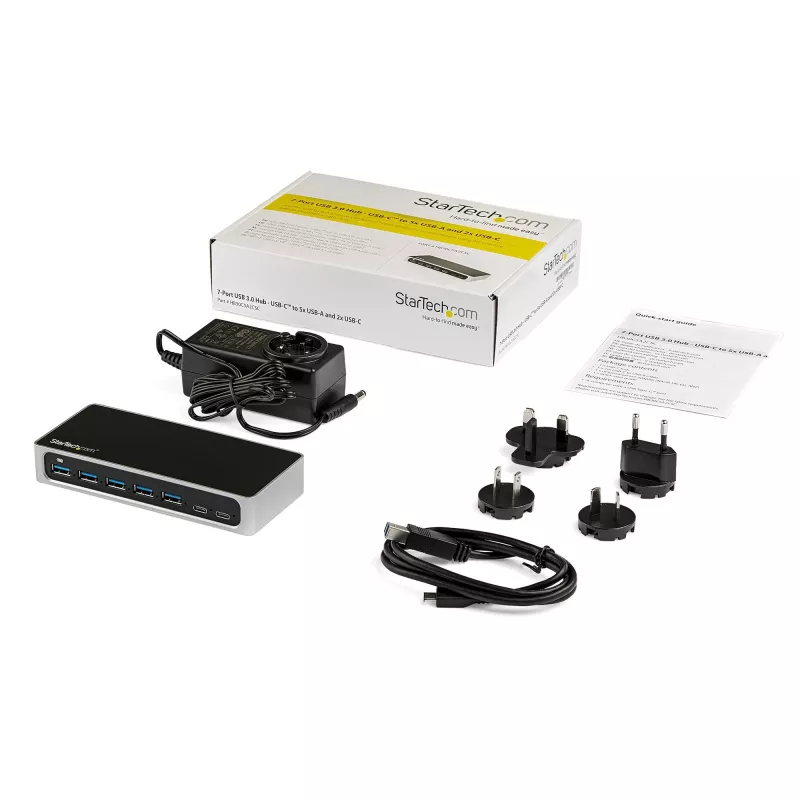 StarTech.com 7 prievadų USB C šakotuvas su greito įkrovimo prievadu – USB-C į 5x USB-A, 2x USB-C (USB 3.0 SuperSpeed 5 Gbps) – maitinamas iš tinklo USB 3.2 Gen 1 Type-C šakotuvas su maitinimo adapteriu – staliniam / nešiojamam kompiuteriui