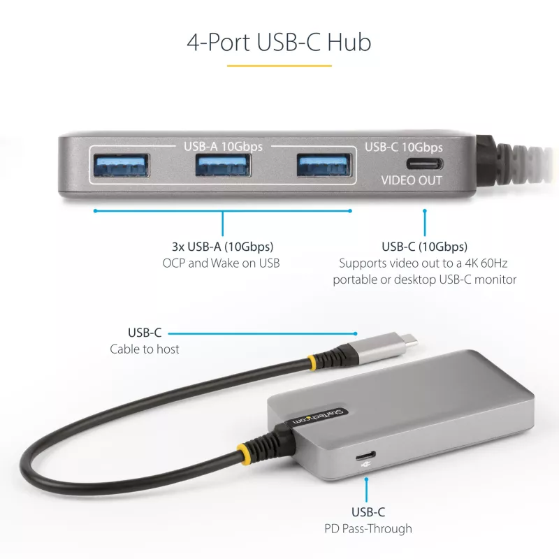 StarTech.com 4 prievadų USB-C šakotuvas su USB-C DP alt. režimo vaizdo išvestimi 4K 60Hz - 3x USB-A, 1x USB Type-C, 100W maitinimo tiekimas, USB 3.2 10Gbps, 30 cm laidas, nešiojamas USB šakotuvas