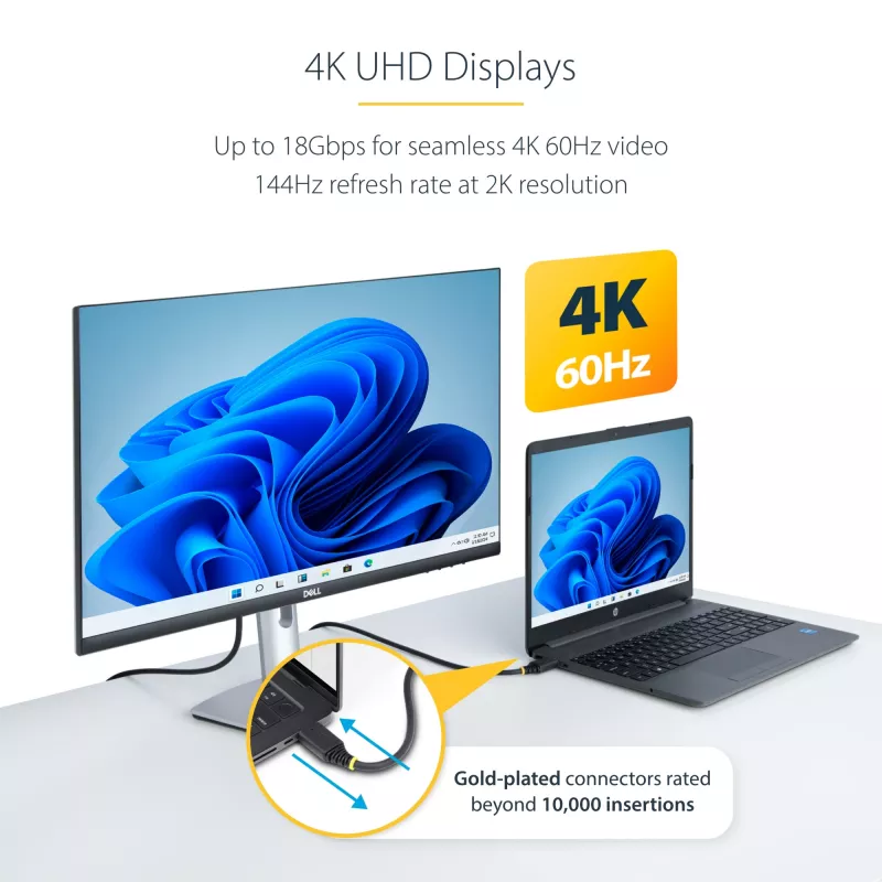 StarTech.com 30 cm (1 pėd.) didelės spartos HDMI laidas, 4K 60 Hz / 1440p 144 Hz, HDR10/HDCP 2.2/ARC, 18 Gbps, UHD HDMI 2.0 laidas televizoriui / monitoriui / ekranui, TPE apvalkalas
