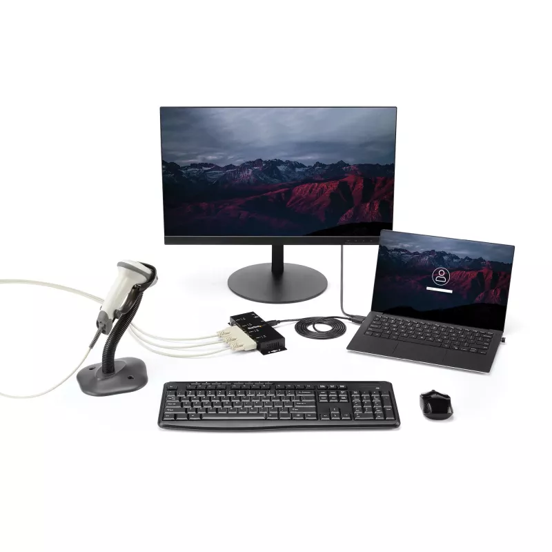 “StarTech.com” 4 prievadų USB į DB9 RS232 nuosekliojo ryšio adapterio šakotuvas – pramoninis DIN bėgelio ir sieninio montavimo