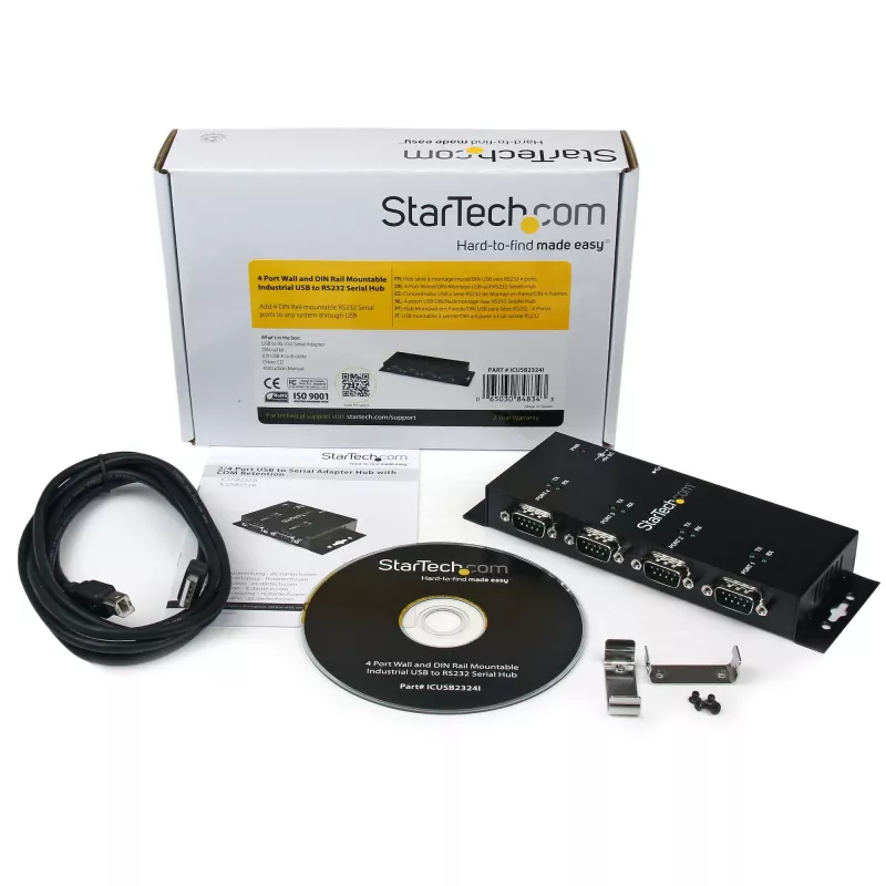 “StarTech.com” 4 prievadų USB į DB9 RS232 nuosekliojo ryšio adapterio šakotuvas – pramoninis DIN bėgelio ir sieninio montavimo