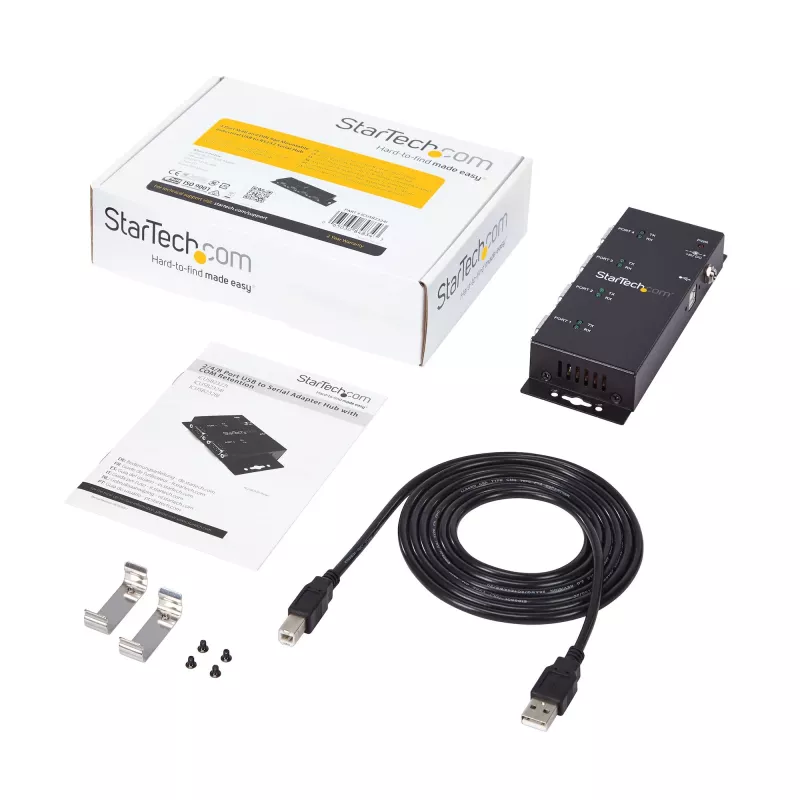 “StarTech.com” 4 prievadų USB į DB9 RS232 nuosekliojo ryšio adapterio šakotuvas – pramoninis DIN bėgelio ir sieninio montavimo
