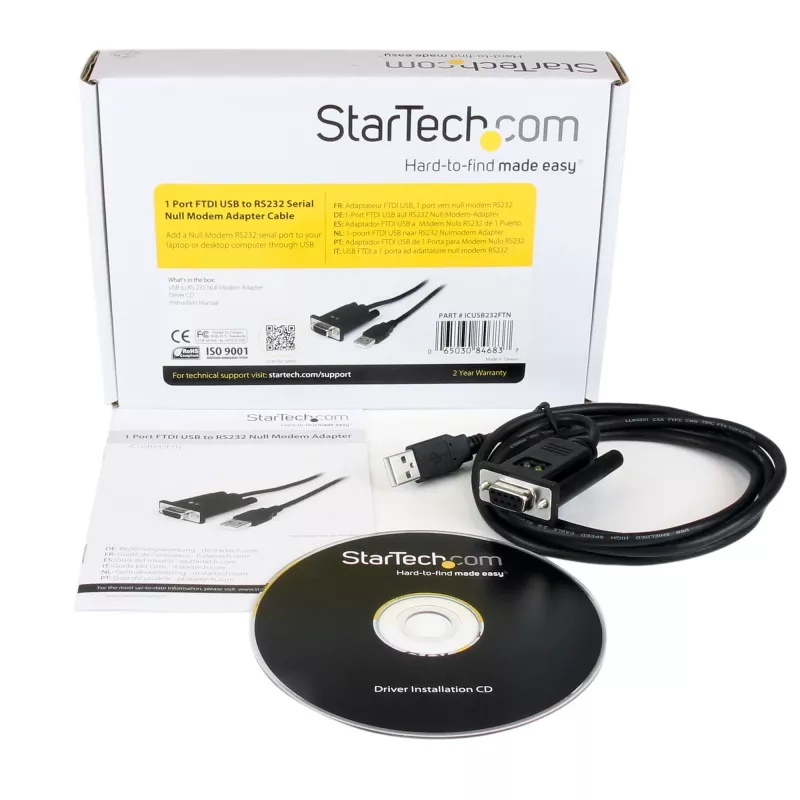 StarTech.com 1.8 m 1 prievado USB – serijinis RS232 adapteris, FTDI DB9 serijinis DCE adapterio kabelis, nulinis modemas, USB 2.0 – TAA