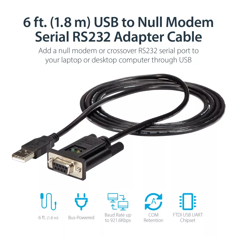 StarTech.com 1.8 m 1 prievado USB – serijinis RS232 adapteris, FTDI DB9 serijinis DCE adapterio kabelis, nulinis modemas, USB 2.0 – TAA