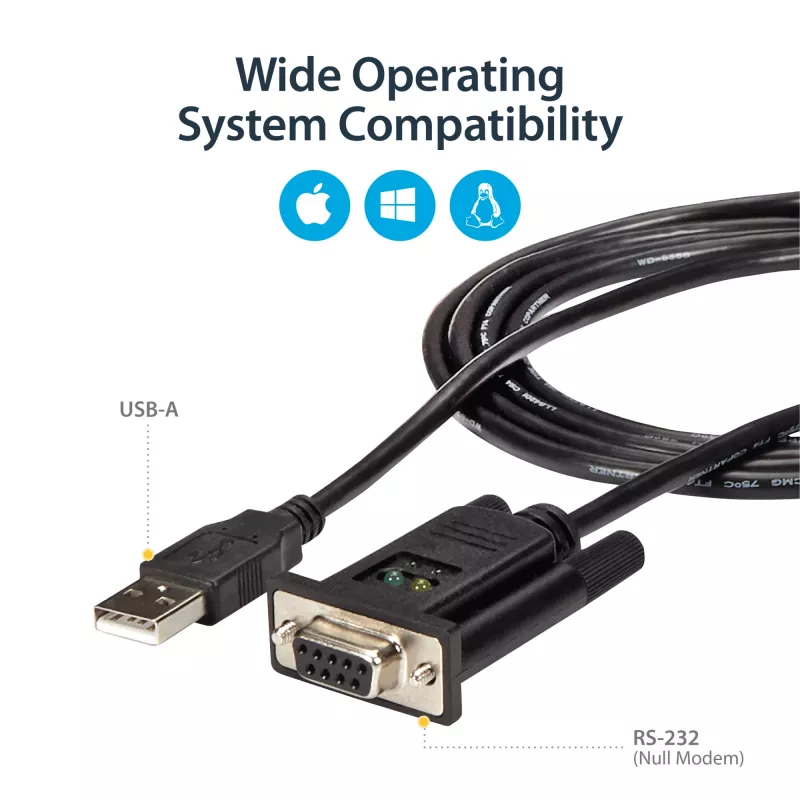 StarTech.com 1.8 m 1 prievado USB – serijinis RS232 adapteris, FTDI DB9 serijinis DCE adapterio kabelis, nulinis modemas, USB 2.0 – TAA
