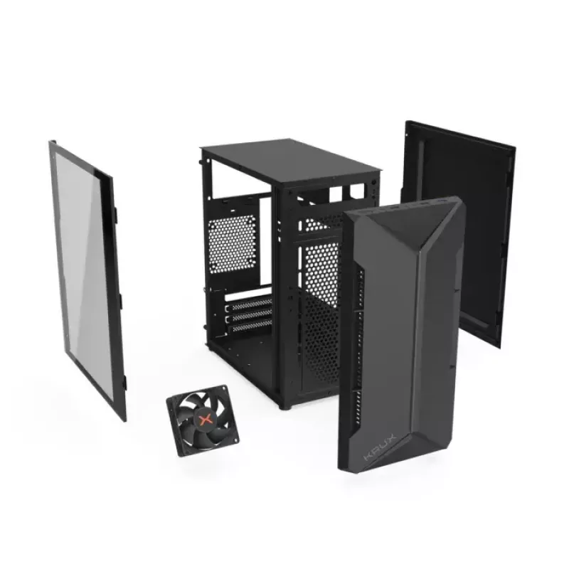 PC korpusas KRUX Astro Cube Juoda — kubo formos korpusas, palaiko micro ATX / mini‑ITX, 1 × 3,5 colio + 2 × 2,5 colio nišos, šoninis langas, maks. maitinimo blokas 28 cm, maks. aušintuvo aukštis 136 mm