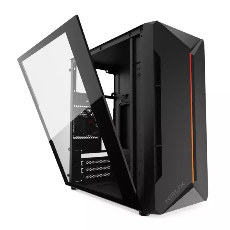 PC korpusas KRUX Astro Cube Juoda — kubo formos korpusas, palaiko micro ATX / mini‑ITX, 1 × 3,5 colio + 2 × 2,5 colio nišos, šoninis langas, maks. maitinimo blokas 28 cm, maks. aušintuvo aukštis 136 mm
