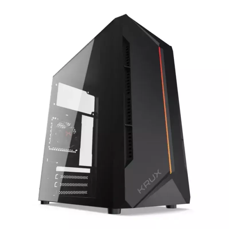 PC korpusas KRUX Astro Cube Juoda — kubo formos korpusas, palaiko micro ATX / mini‑ITX, 1 × 3,5 colio + 2 × 2,5 colio nišos, šoninis langas, maks. maitinimo blokas 28 cm, maks. aušintuvo aukštis 136 mm