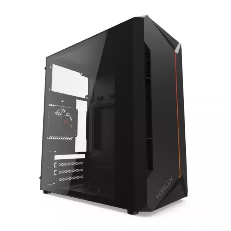 PC korpusas KRUX Astro Cube Juoda — kubo formos korpusas, palaiko micro ATX / mini‑ITX, 1 × 3,5 colio + 2 × 2,5 colio nišos, šoninis langas, maks. maitinimo blokas 28 cm, maks. aušintuvo aukštis 136 mm