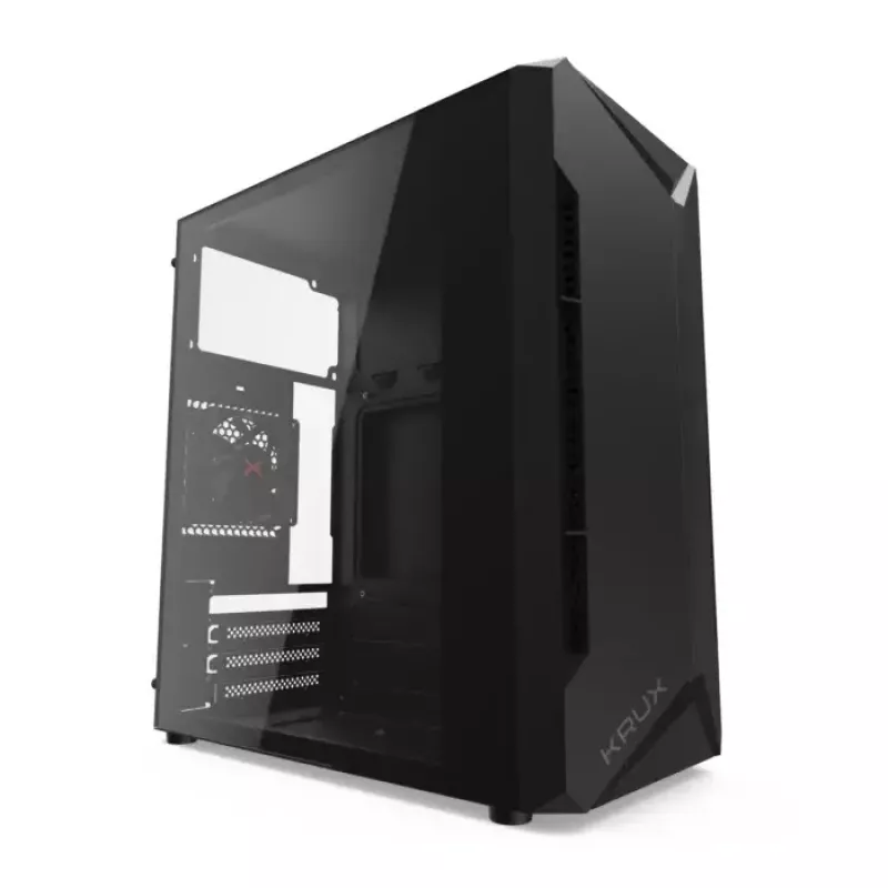 PC korpusas KRUX Astro Cube Juoda — kubo formos korpusas, palaiko micro ATX / mini‑ITX, 1 × 3,5 colio + 2 × 2,5 colio nišos, šoninis langas, maks. maitinimo blokas 28 cm, maks. aušintuvo aukštis 136 mm