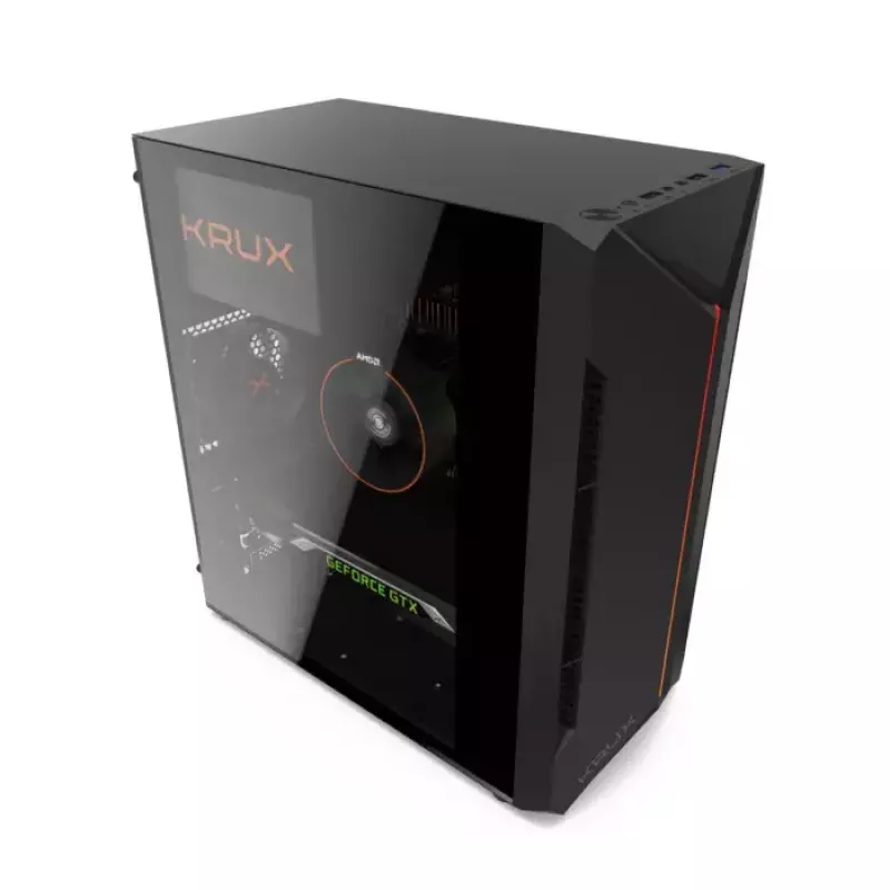 PC korpusas KRUX Astro Cube Juoda — kubo formos korpusas, palaiko micro ATX / mini‑ITX, 1 × 3,5 colio + 2 × 2,5 colio nišos, šoninis langas, maks. maitinimo blokas 28 cm, maks. aušintuvo aukštis 136 mm