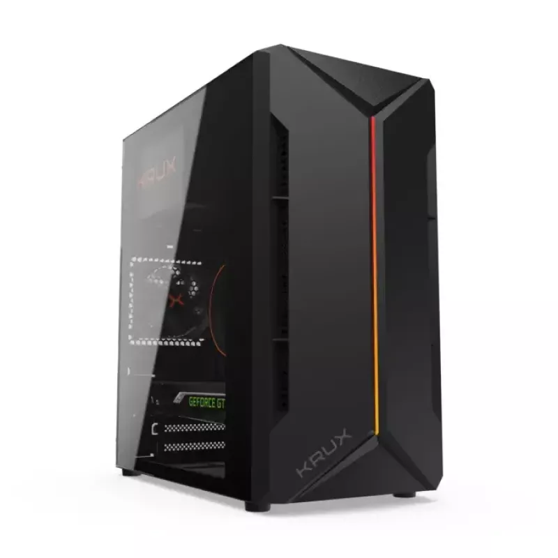 PC korpusas KRUX Astro Cube Juoda — kubo formos korpusas, palaiko micro ATX / mini‑ITX, 1 × 3,5 colio + 2 × 2,5 colio nišos, šoninis langas, maks. maitinimo blokas 28 cm, maks. aušintuvo aukštis 136 mm