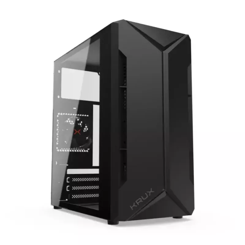 PC korpusas KRUX Astro Cube Juoda — kubo formos korpusas, palaiko micro ATX / mini‑ITX, 1 × 3,5 colio + 2 × 2,5 colio nišos, šoninis langas, maks. maitinimo blokas 28 cm, maks. aušintuvo aukštis 136 mm
