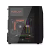 PC korpusas KRUX Astro Cube Juoda — kubo formos korpusas, palaiko micro ATX / mini‑ITX, 1 × 3,5 colio + 2 × 2,5 colio nišos, šoninis langas, maks. maitinimo blokas 28 cm, maks. aušintuvo aukštis 136 mm