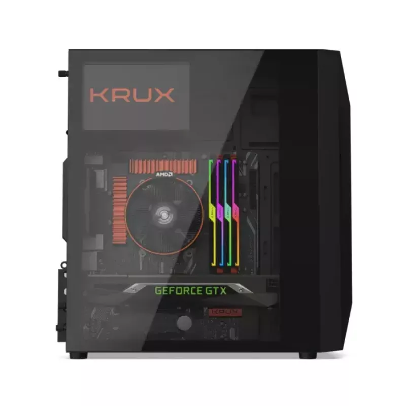 PC korpusas KRUX Astro Cube Juoda — kubo formos korpusas, palaiko micro ATX / mini‑ITX, 1 × 3,5 colio + 2 × 2,5 colio nišos, šoninis langas, maks. maitinimo blokas 28 cm, maks. aušintuvo aukštis 136 mm