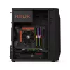 PC korpusas KRUX Astro Cube Juoda — kubo formos korpusas, palaiko micro ATX / mini‑ITX, 1 × 3,5 colio + 2 × 2,5 colio nišos, šoninis langas, maks. maitinimo blokas 28 cm, maks. aušintuvo aukštis 136 mm