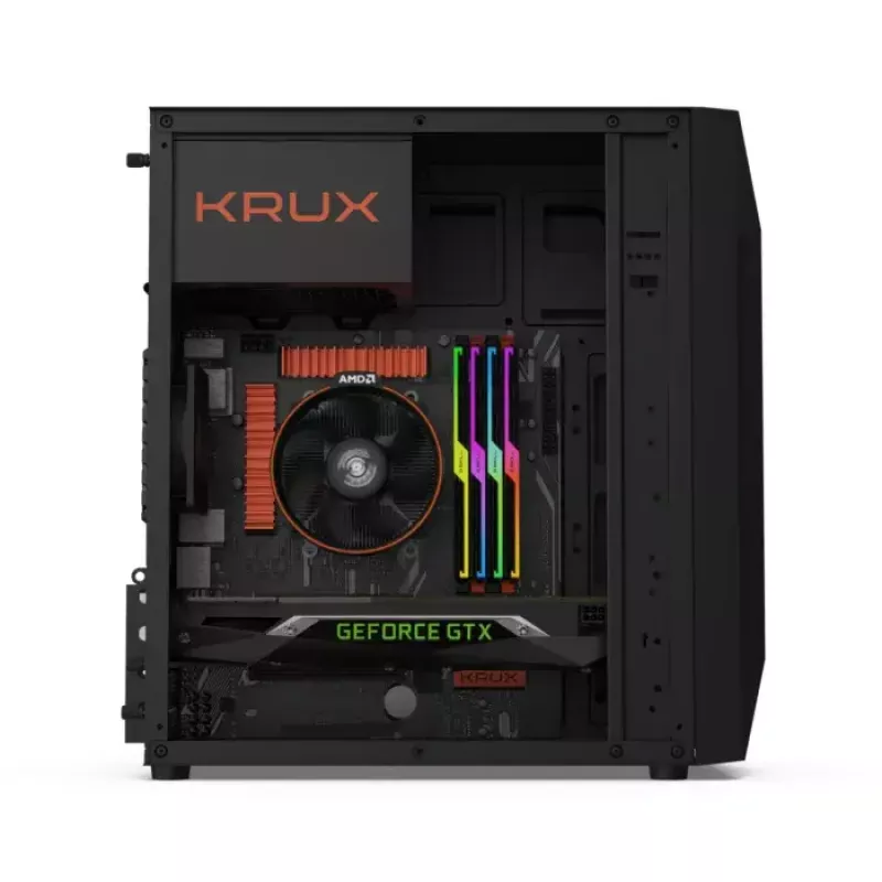 PC korpusas KRUX Astro Cube Juoda — kubo formos korpusas, palaiko micro ATX / mini‑ITX, 1 × 3,5 colio + 2 × 2,5 colio nišos, šoninis langas, maks. maitinimo blokas 28 cm, maks. aušintuvo aukštis 136 mm
