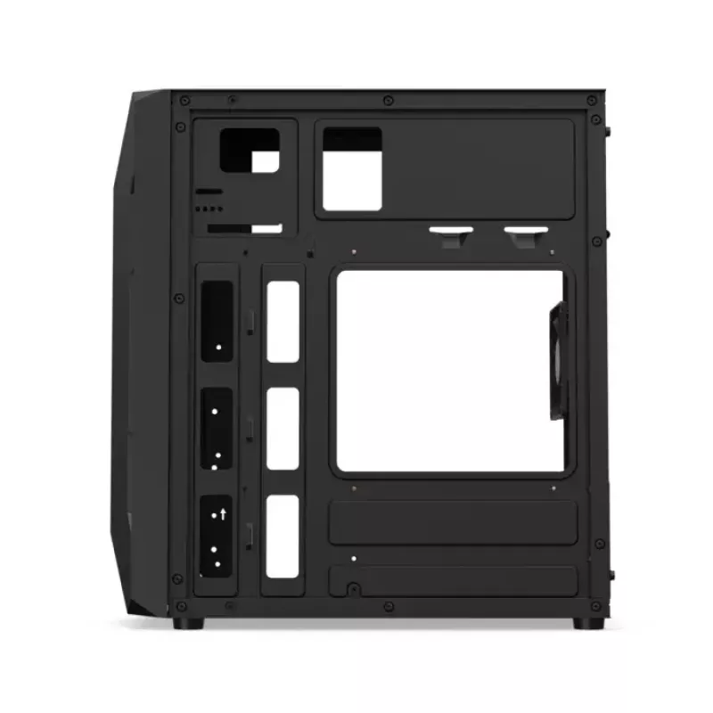PC korpusas KRUX Astro Cube Juoda — kubo formos korpusas, palaiko micro ATX / mini‑ITX, 1 × 3,5 colio + 2 × 2,5 colio nišos, šoninis langas, maks. maitinimo blokas 28 cm, maks. aušintuvo aukštis 136 mm