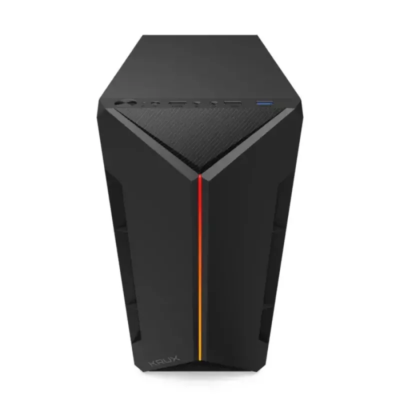 PC korpusas KRUX Astro Cube Juoda — kubo formos korpusas, palaiko micro ATX / mini‑ITX, 1 × 3,5 colio + 2 × 2,5 colio nišos, šoninis langas, maks. maitinimo blokas 28 cm, maks. aušintuvo aukštis 136 mm