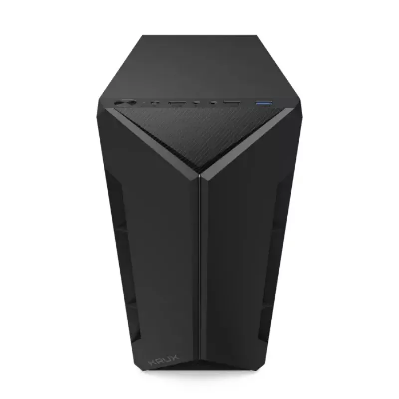 PC korpusas KRUX Astro Cube Juoda — kubo formos korpusas, palaiko micro ATX / mini‑ITX, 1 × 3,5 colio + 2 × 2,5 colio nišos, šoninis langas, maks. maitinimo blokas 28 cm, maks. aušintuvo aukštis 136 mm
