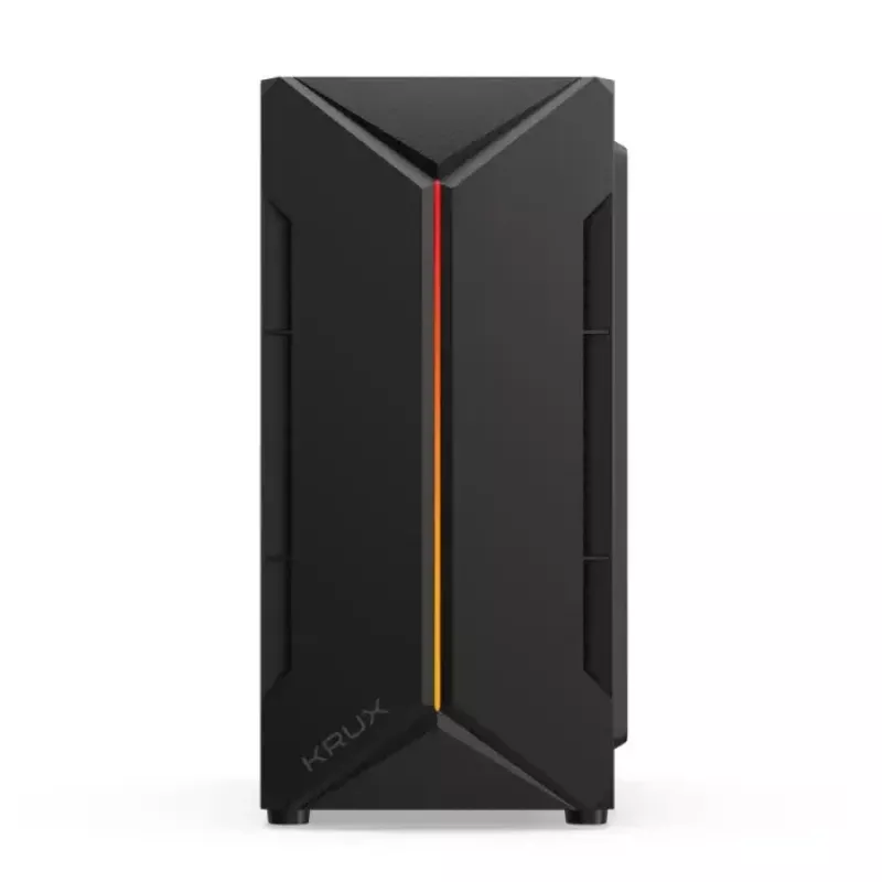 PC korpusas KRUX Astro Cube Juoda — kubo formos korpusas, palaiko micro ATX / mini‑ITX, 1 × 3,5 colio + 2 × 2,5 colio nišos, šoninis langas, maks. maitinimo blokas 28 cm, maks. aušintuvo aukštis 136 mm