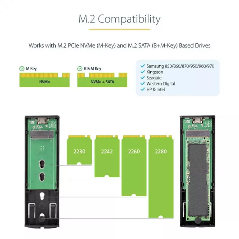 StarTech.com USB-C 10Gbps į M.2 NVMe arba M.2 SATA SSD korpusas – įrankių nereikalaujantis išorinis M.2 PCIe/SATA NGFF SSD aliuminis dėklas – USB Type-C ir USB Type-A prijungimo laidai – palaiko 2230/2242/2260/2280