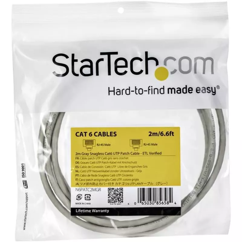 StarTech.com 2m CAT6 Ethernet kabelis – Pilkas CAT 6 Gigabit Ethernet laidas – 250MHz 100W PoE RJ45 UTP tinklo/komutacinis kabelis be užkabinimų su įtempimo sumažinimu, individualiai testuotas